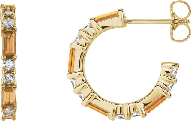 14K Gold Straight Baguette Natural Citrine Accented Hoop Earrings - Yellow Gold