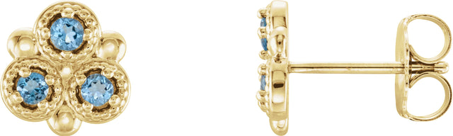 14K Gold Round Natural Aquamarine Three-Stone Earrings - Yellow Gold