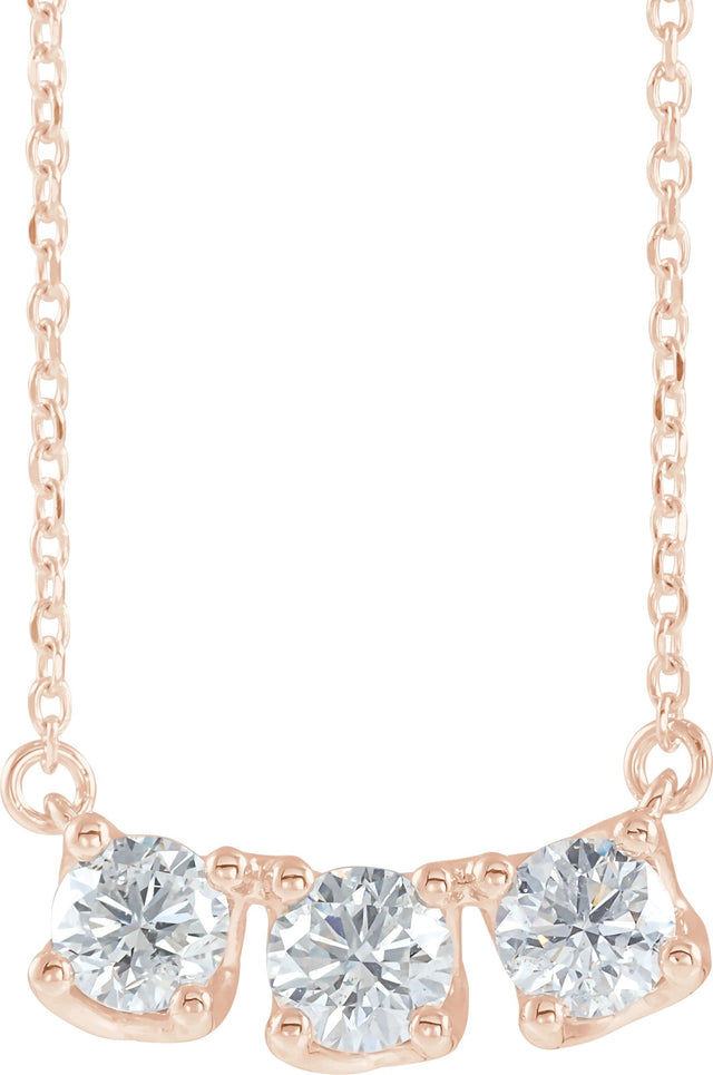 14K Gold Round Natural Diamond Three-Stone Curved Bar Necklace - Rose Gold