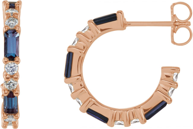 14K Gold Straight Baguette Lab-Grown Alexandrite Accented Hoop Earrings - Rose Gold