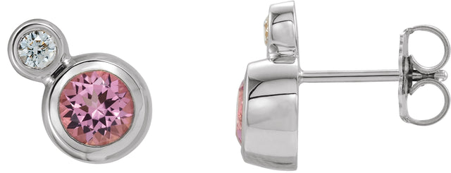 14K Gold Round Natural Pink Tourmaline Accented Bezel-Set Earrings – 3-5mm Stones - White Gold