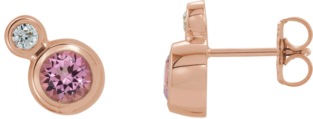 14K Gold Round Natural Pink Tourmaline Accented Bezel-Set Earrings – 3-5mm Stones - Rose Gold