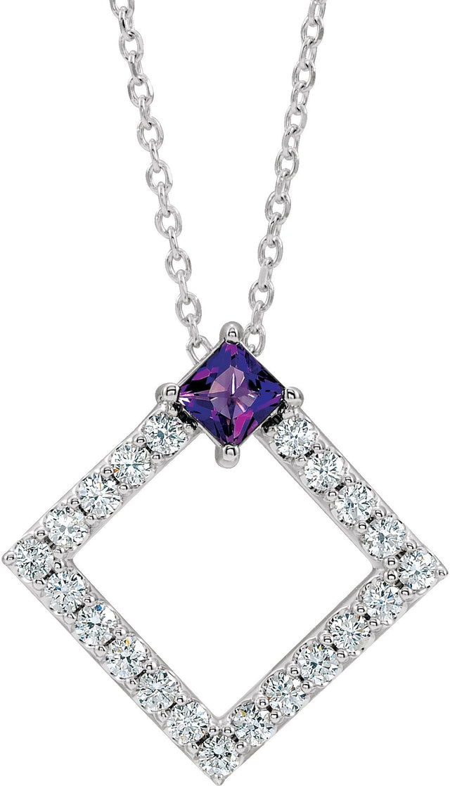 14K Gold Square Natural Amethyst Accented Geometric Necklace or Pendant - White Gold