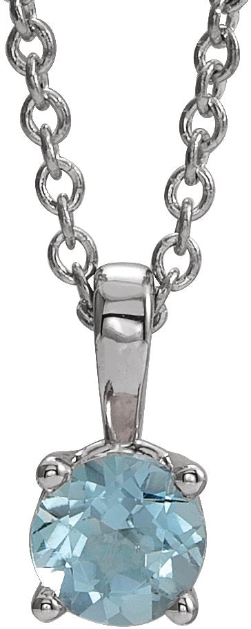 Platinum Round Natural Aquamarine Birthstone Necklace or Pendant