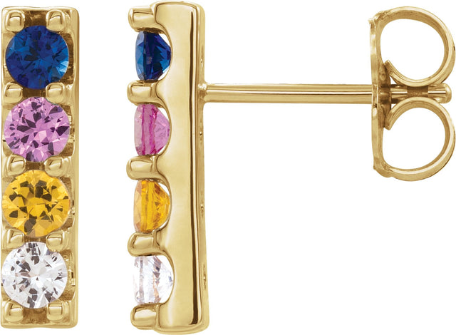 14K Gold Round Natural Multi-Gemstone Accented Bar Earrings - Yellow Gold