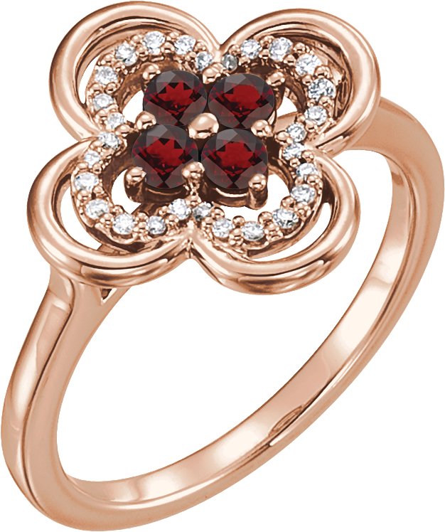 14K Gold Round Natural Mozambique Garnet Clover Ring - Rose Gold