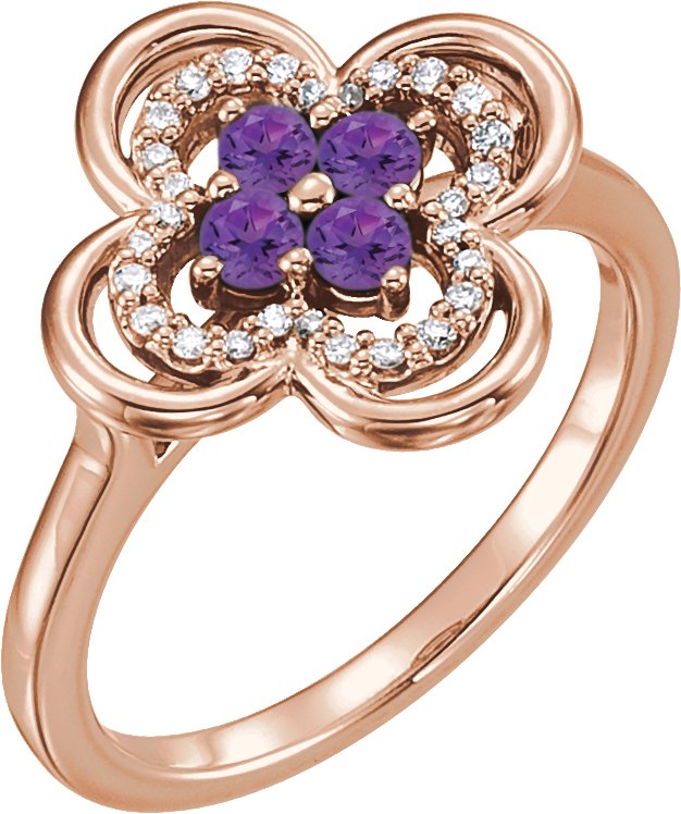 14K Gold Round Natural Amethyst Clover Ring - Rose Gold