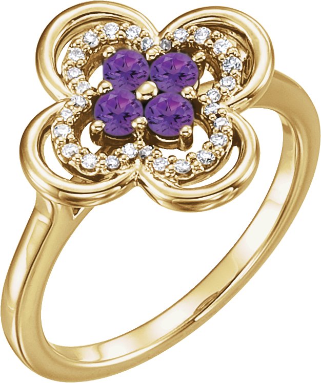 14K Gold Round Natural Amethyst Clover Ring - Yellow Gold