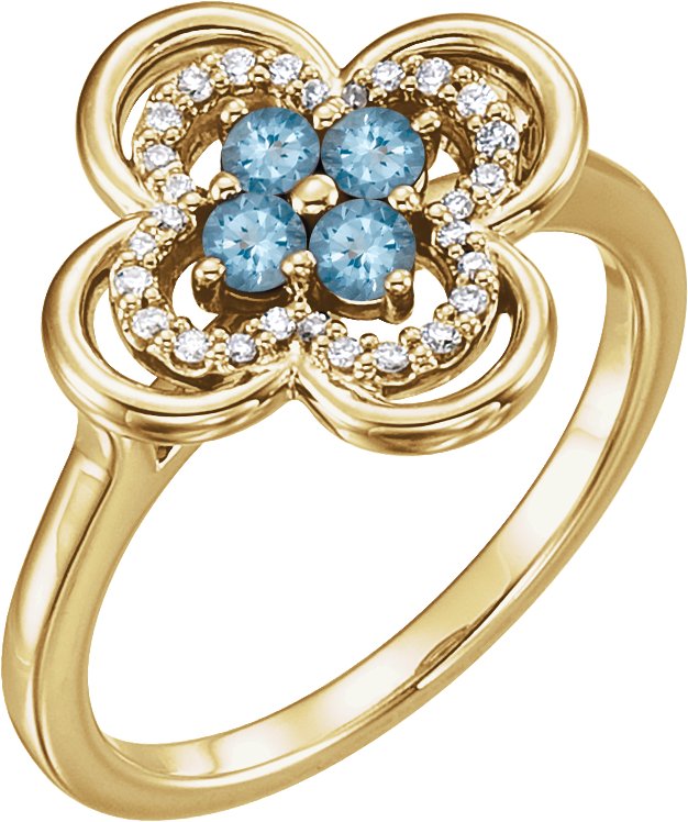14K Gold Round Natural Aquamarine Clover Ring - Yellow Gold