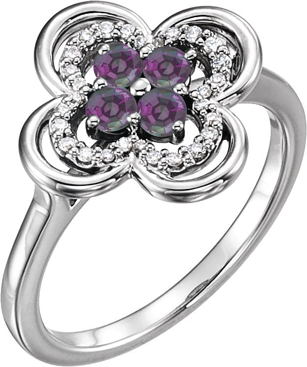 14K Gold Round Lab-Grown Alexandrite Clover Ring - White Gold