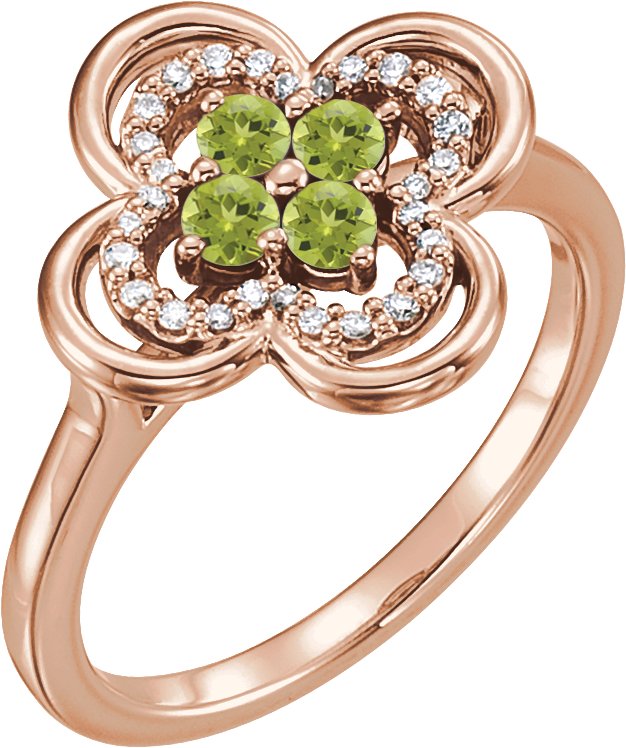 14K Gold Round Natural Peridot Clover Ring - Rose Gold