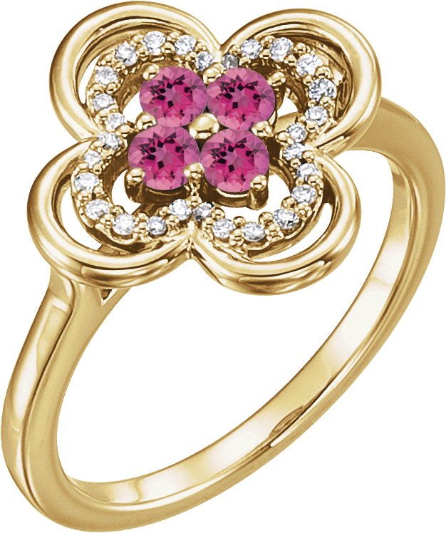 14K Gold Round Natural Pink Tourmaline Clover Ring - Yellow Gold