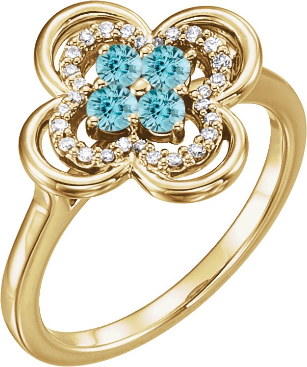 14K Gold Round Natural Blue Zircon Clover Ring - Yellow Gold