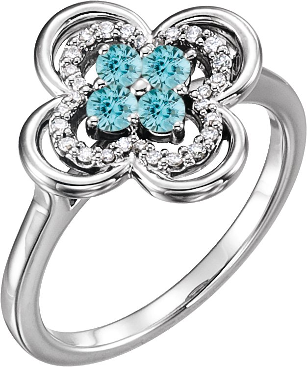 14K Gold Round Natural Blue Zircon Clover Ring - White Gold