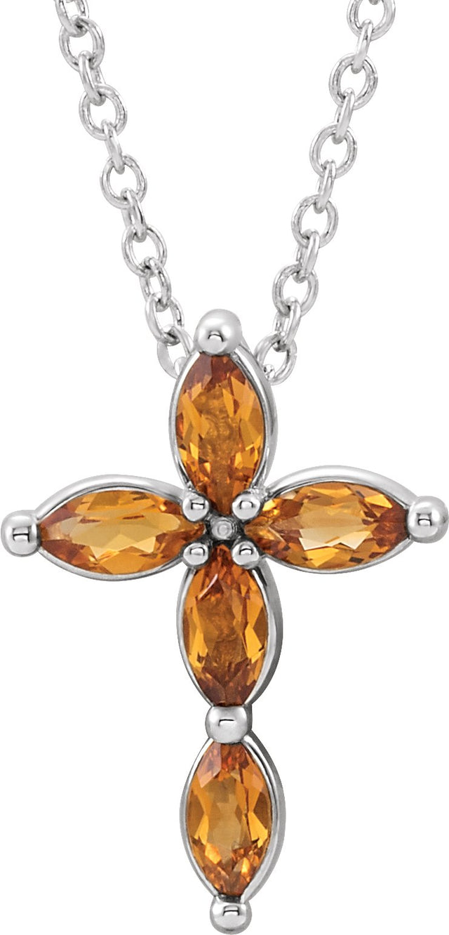 14K Gold Marquise Natural Citrine Cross Necklace or Pendant - White Gold