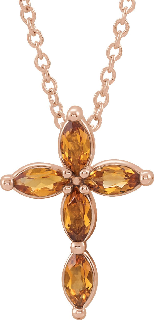 14K Gold Marquise Natural Citrine Cross Necklace or Pendant - Rose Gold