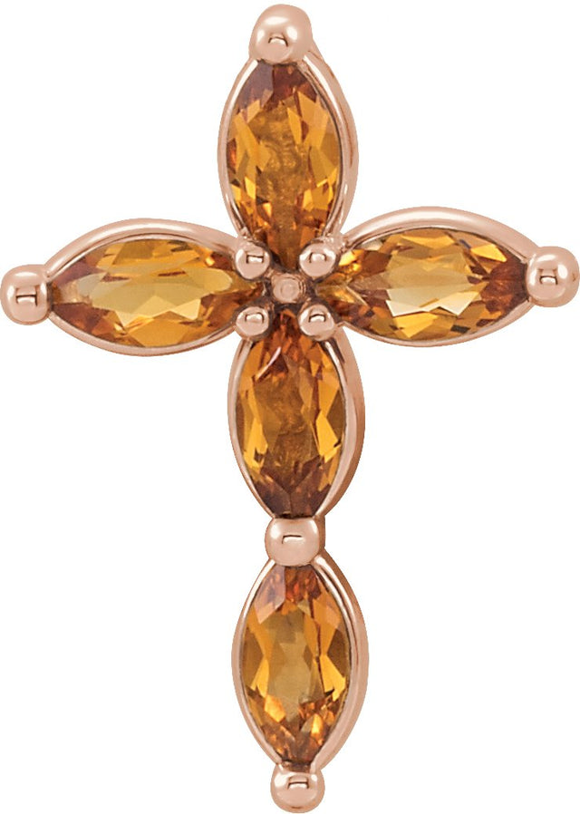 14K Gold Marquise Natural Citrine Cross Necklace or Pendant - Rose Gold