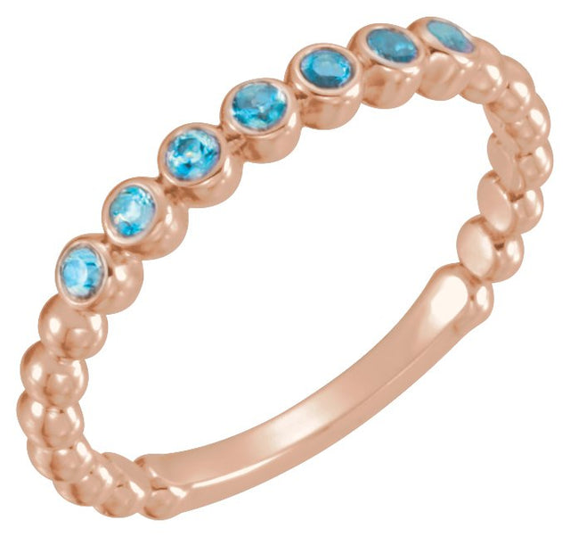 14K Gold Round Natural Blue Zircon Stackable Bead Ring - Rose Gold