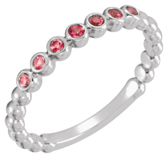 Platinum Round Natural Mozambique Garnet Stackable Bead Ring