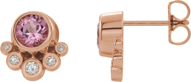 14K Gold Round Natural Pink Tourmaline Accented Bezel-Set Earrings - Rose Gold
