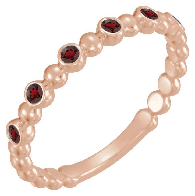 14K Gold Round Natural Mozambique Garnet Stackable Bead Ring – 1.75mm Stones - Rose Gold