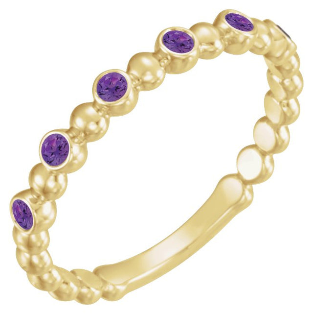 14K Gold Round Natural Amethyst Stackable Bead Ring – 1.75mm Stones - Yellow Gold