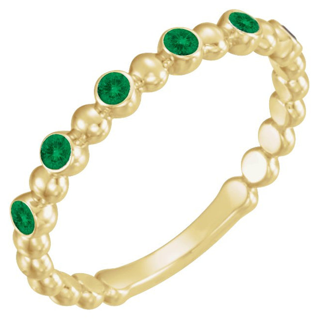 14K Gold Round Natural Emerald Stackable Bead Ring – 1.75mm Stones - Yellow Gold
