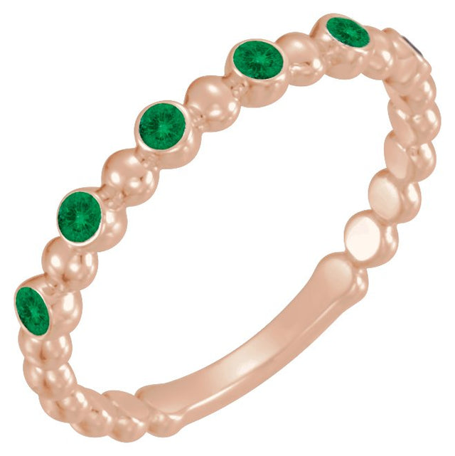 14K Gold Round Natural Emerald Stackable Bead Ring – 1.75mm Stones - Rose Gold