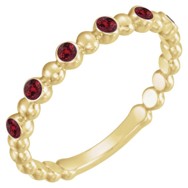 14K Gold Round Natural Ruby Stackable Bead Ring – 1.75mm Stones - Yellow Gold