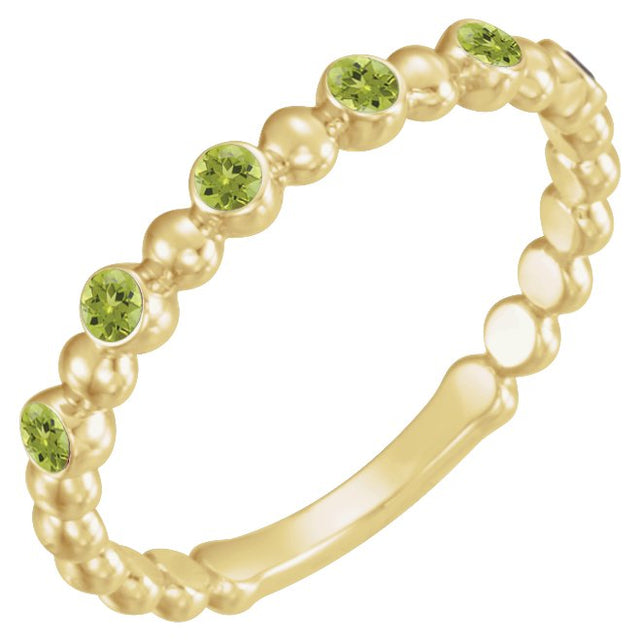 14K Gold Round Natural Peridot Stackable Bead Ring – 1.75mm Stones - Yellow Gold