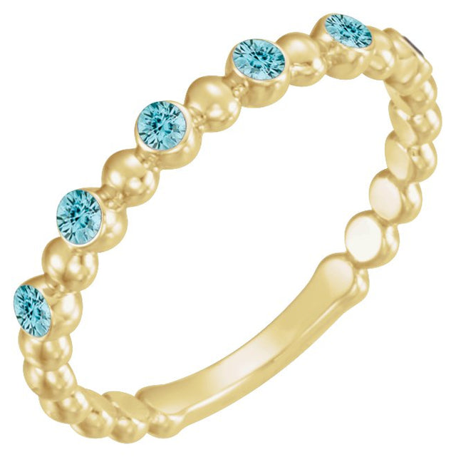 14K Gold Round Natural Blue Zircon Stackable Bead Ring – 1.75mm Stones - Yellow Gold