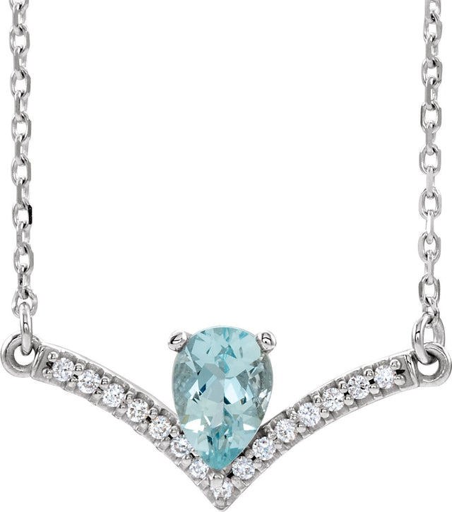 Platinum Pear Natural Aquamarine Accented V Necklace