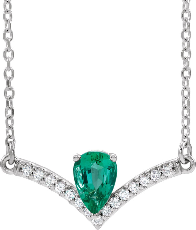 Platinum Pear Natural Emerald Accented V Necklace