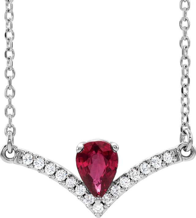 Platinum Pear Natural Ruby Accented V Necklace
