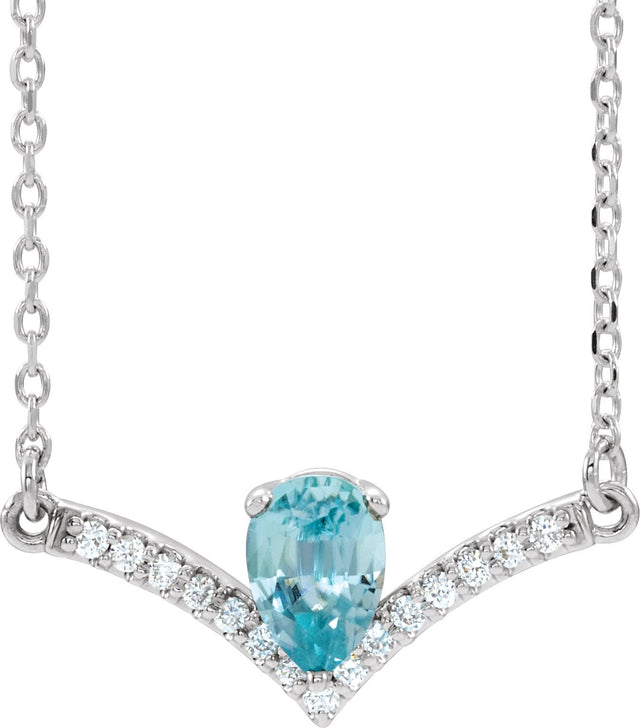14K Gold Pear Natural Blue Zircon Accented V Necklace - White Gold