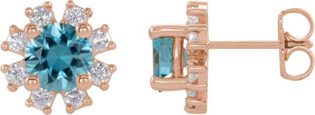 14K Gold Natural Blue Zircon Round 4-Prong Halo-Style Earrings - Rose Gold