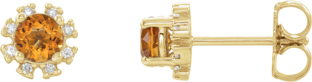 14K Gold Natural Citrine Round 4-Prong Halo-Style Earrings - Yellow Gold