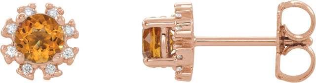 14K Gold Natural Citrine Round 4-Prong Halo-Style Earrings - Rose Gold
