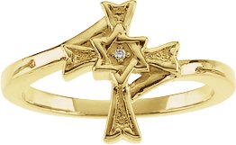 14K Gold Round Natural Diamond Judeo Christian Cross Ring - Yellow Gold