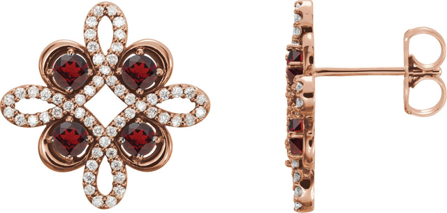 14K Gold Round Natural Mozambique Garnet Clover Earrings - Rose Gold