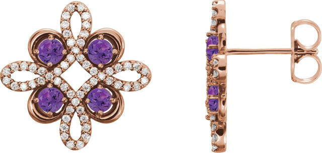 14K Gold Round Natural Amethyst Clover Earrings - Rose Gold