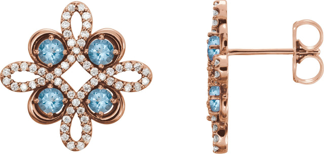 14K Gold Round Natural Aquamarine Clover Earrings - Rose Gold