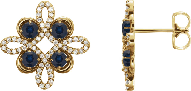 14K Gold Round Natural Blue Sapphire Clover Earrings - Yellow Gold
