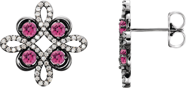 14K Gold Round Natural Pink Tourmaline Clover Earrings - White Gold