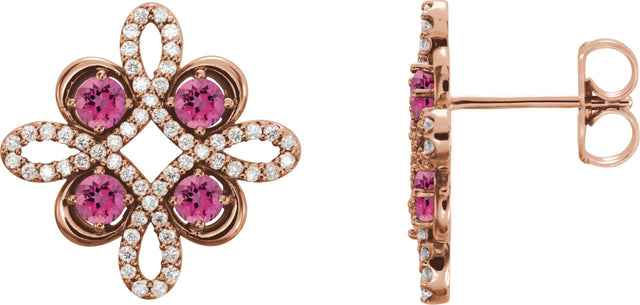 14K Gold Round Natural Pink Tourmaline Clover Earrings - Rose Gold