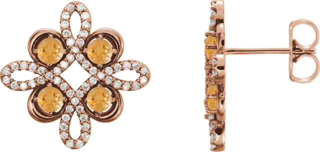 14K Gold Round Natural Citrine Clover Earrings - Rose Gold