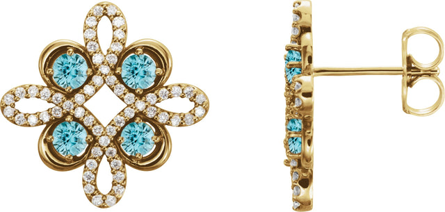 14K Gold Round Natural Blue Zircon Clover Earrings - Yellow Gold