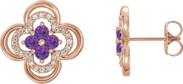 14K Gold Round Natural Amethyst Clover Earrings – 2.5mm Stones - Rose Gold