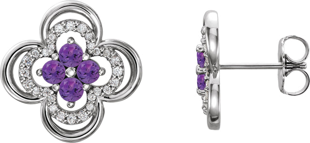 14K Gold Round Natural Amethyst Clover Earrings – 2.5mm Stones - White Gold