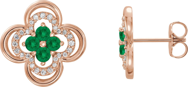 14K Gold Round Natural Emerald Clover Earrings – 2.5mm Stones - Rose Gold